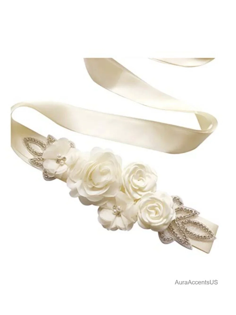 Handmade Satin Sash Belt with Flowers Pearls Rhinestone for Wedding